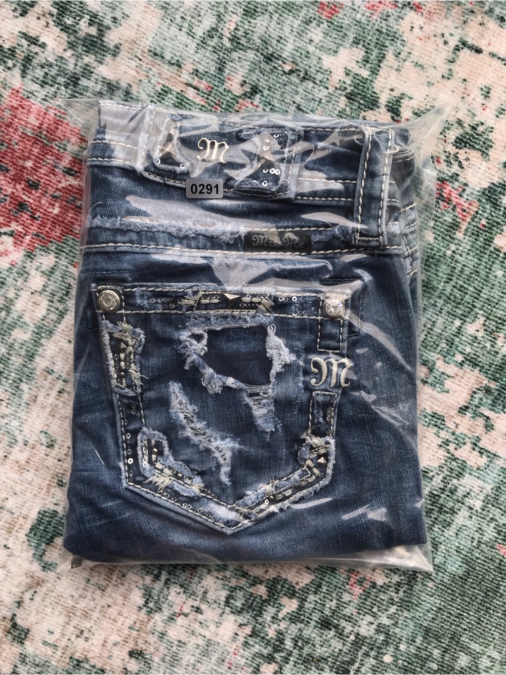 Miss Me Dark Blue Distressed Skinny Jeans with Embroidered Pockets